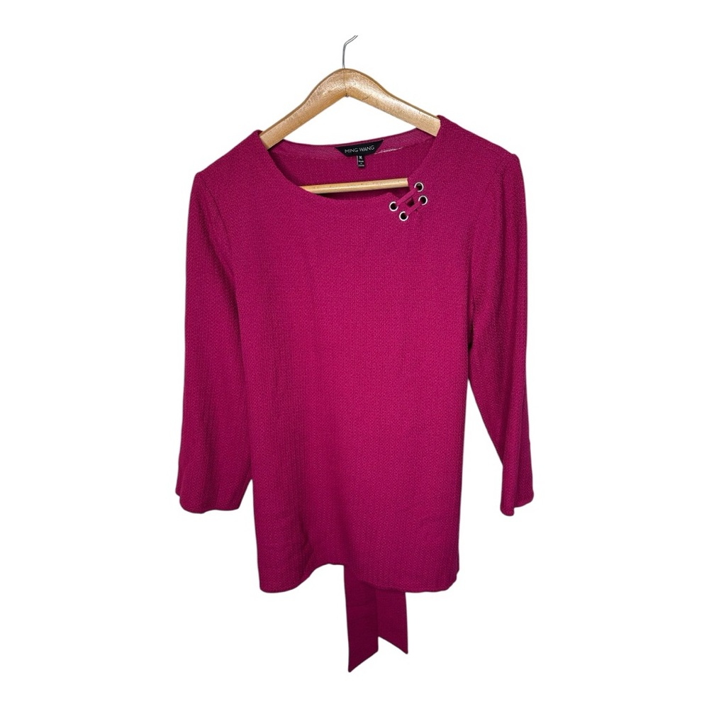 Ming Wang Tie Back Blouse Size XL 3/4 Sleeves Lace Up Detail Magenta Pink